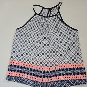 Papaya Women's Sleeveless Patterned Top - Navy, White and Neon Salmon